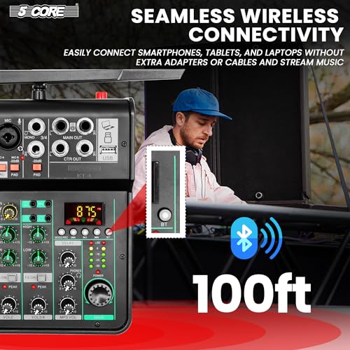 5 Core 4 Channel Audio Mixer with Bluetooth DJ Sound Controller XLR Microphone Studio Soundboard w +48V Phantom USB-A, MP3 Player Full EQ RCA Input/Output w Wireless Mic