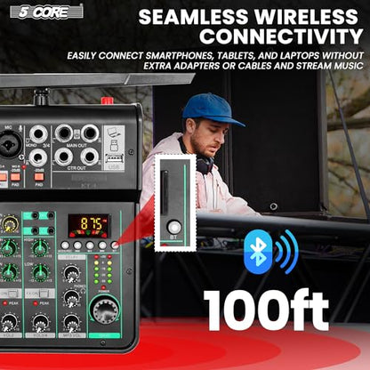 5 Core 4 Channel Audio Mixer with Bluetooth DJ Sound Controller XLR Microphone Studio Soundboard w +48V Phantom USB-A, MP3 Player Full EQ RCA Input/Output w Wireless Mic