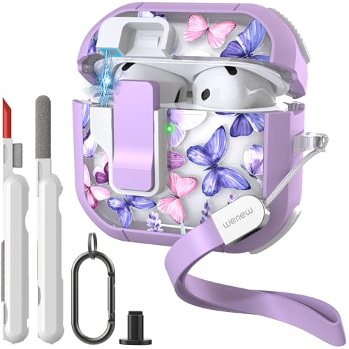 WENEW Case for AirPods 4th Case Cover Secure Lock Automatic Snap Switch Clip Cleaner Kit Lanyard Women Stylish Flower Armour Hard Shell Full Body Front LED Visible (Purple Butterfly, AirPods 4th) - color: Purple Butterfly, size: AirPods 4
