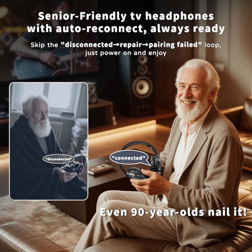 Tianfucen BKM400 Wireless Headphones for TV Watching | TV Headphones Wireless for Seniors, Easy Plug & Play with USB Transmitter, No Lip-Sync Delay, 40H Playtime, Comfortable,Black