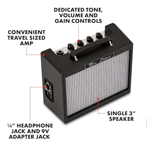 Fender Mini Deluxe Electric Guitar Amp, with 1-Year Warranty, Mini Guitar Amp, Portable Guitar Amplifier, Guitar Accessories, 3 Watts, Black - color: Black, style: Mini Deluxe