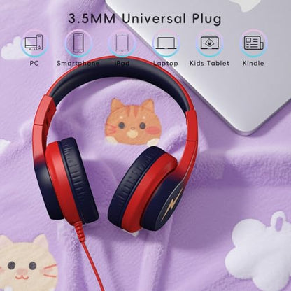 Candy Bila Wired Kids Headphones for School, Over-Ear for Boys Girls | Volume Limiter 85/94dB, HD Stereo Sound, Microphone and Wired Control,Foldable Design, Gradient red to dark blue - color: Gradient Red to Dark Blue