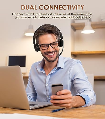 (Upgraded Version) Wireless Headset, Bluetooth Headset with Noise Cancelling Microphone, Best Headphones with Mic Mute & USB Dongle for PC/Computer/Laptop/Cell Phones/Remote Work/Call Center