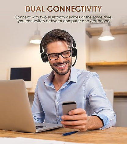 (Upgraded Version) Wireless Headset, Bluetooth Headset with Noise Cancelling Microphone, Best Headphones with Mic Mute & USB Dongle for PC/Computer/Laptop/Cell Phones/Remote Work/Call Center