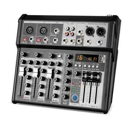 Depusheng Professional Audio Mixer, 4 Channel Audio Interface Sound Board Mixing Console System, 16-Bit DSP DJ Bluetooth Mixer +48V Phantom Effect For Karaoke Studio Streaming Recording (XT4)