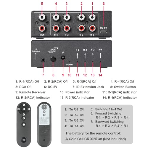 RCA 4-Way Bi-Directional Audio Switcher Splitter, 1 in 4 Out / 4 in 1 Out Stereo L/R Sound Channel Audio Switch Selector Splitter Box with Remote Control for Speakers Headphones Amps (Black)