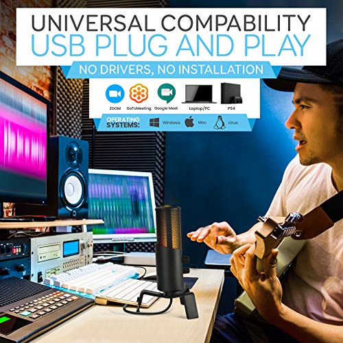 USB Microphone Selectable Pickup Pattern-4 in 1 Polar Pattern Selector Audio Cardioid Condenser Mic w/LED Effect Lights, Podcast Recording Kit for Gaming Streaming Podcasting Studio-Pyle PDMIUSBMT300