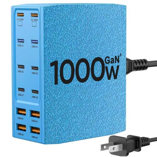 1000W USB Charging Station,12-Port USB C Charger Block with Dual 100W PD | USB-C Fast Charging Station Hub for MacBook Pro/Air/All iPad Phone 17/16 15/14/13/Pro Max/Samsung Galaxy Note - color: Blue
