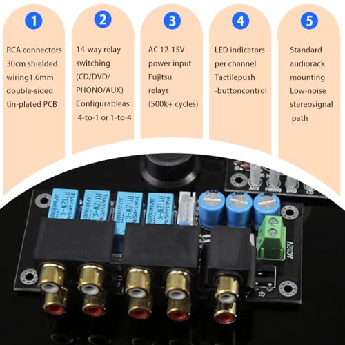 RCA Jack Relay-Adjustable Audio Source Switching Input Selector Board