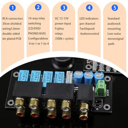 RCA Jack Relay-Adjustable Audio Source Switching Input Selector Board
