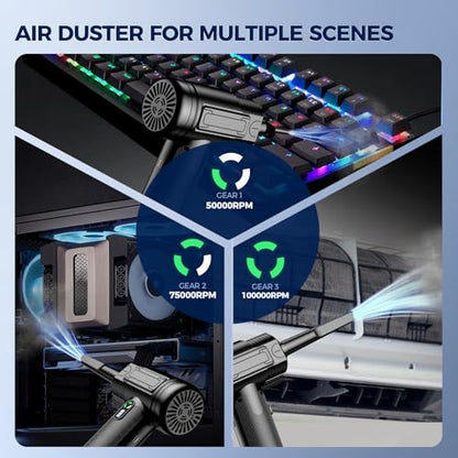 Compressed Air Duster Cordless, Dust Cleaner for Keyboard and Electronics | USB Charging, 3-Gear Adjustable