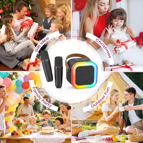 Mini Karaoke Machine, Portable Bluetooth Speaker & 2 Wireless Microphones | Karaoke Player Karaoke Microphone For Family Home Party Outdoor With HI-FI Sound | 5 Magic Sound | PA System | USB | TF | AUX - color: Black
