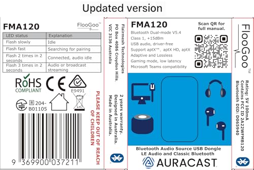 FMA120 LE Audio Bluetooth Adapter for Phone, PC & Console – Low Latency Gaming, Teams/Zoom Mic Support, Auracast TX/RX/Relay, Hearing Aid Compatible, aptX Lossless
