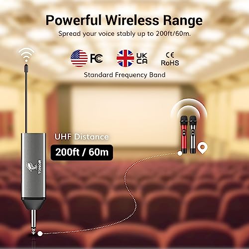 TONOR Wireless Microphones, Cordless Mic with Rechargeable Receiver, 200ft Range UHF Handheld Dynamic Microfonos Inalambricos Professional for Karaoke Singing Party Wedding Church TW630 Silver&Red