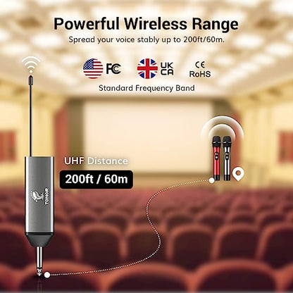 TONOR Wireless Microphones, Cordless Mic with Rechargeable Receiver, 200ft Range UHF Handheld Dynamic Microfonos Inalambricos Professional for Karaoke Singing Party Wedding Church TW630 Silver&Red