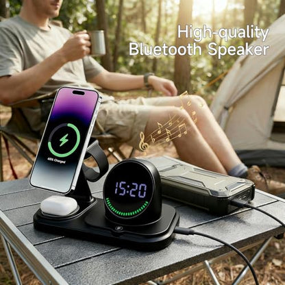 6-in-1 Wireless Charging Station with 30W Fast Adapter, RGB Ambient Light, Digital Clock & Bluetooth Speaker, Multi-Function Desktop Charger for Wireless Charging Phones, Earbuds & Watch - color: Black