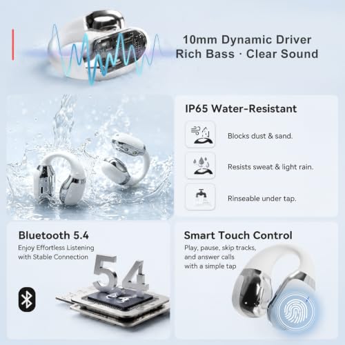 Open Ear Clip-On Earbuds, Bluetooth 5.4 Wireless Headphones IP65 Waterproof Lightweight 16H Playtime Touch Control Earphones Comfort Design for Small Ears&Glasses - color: White