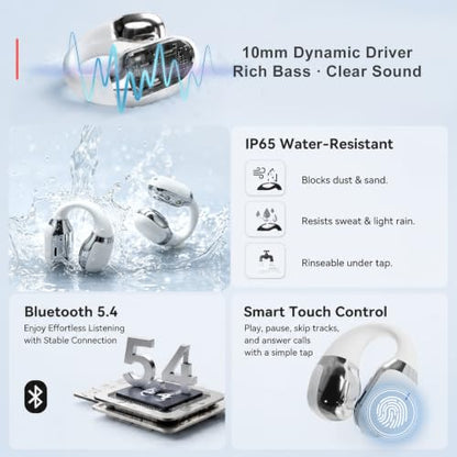 Open Ear Clip-On Earbuds, Bluetooth 5.4 Wireless Headphones IP65 Waterproof Lightweight 16H Playtime Touch Control Earphones Comfort Design for Small Ears&Glasses - color: White