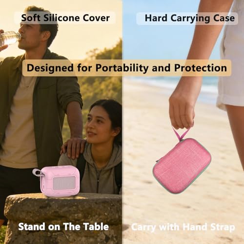 Protective Case for JBL Go 5 Portable Bluetooth Speaker | Accessories Hard Carrying Case and Silicone Cover with Metal Carabiner (Pink Case)