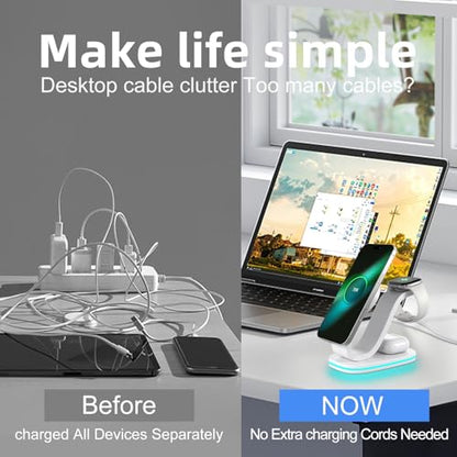 2026 New Fast 15W 3 in 1 Charging Station for iPhone Compatible Magnetic | Wireless Charger Station for iPhone 17 16 15 14 13 12, AirPods and iWatch Series, 35W Charger Included - color: White 3 in 1