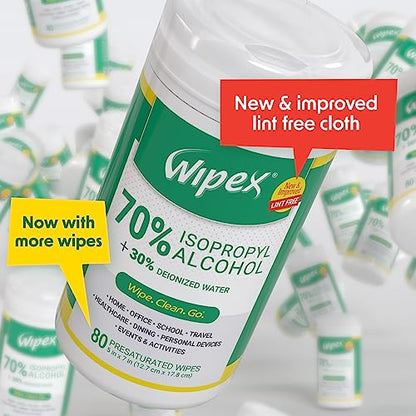 Wipex Alcohol Wipes with 70% Isopropyl Alcohol, 80 CT Lint-Free Cloth in Sealed Canister to clean Surfaces, Electronics, Computer Screens, Glasses, 80 Count - size: 80 Count (Pack of 1)
