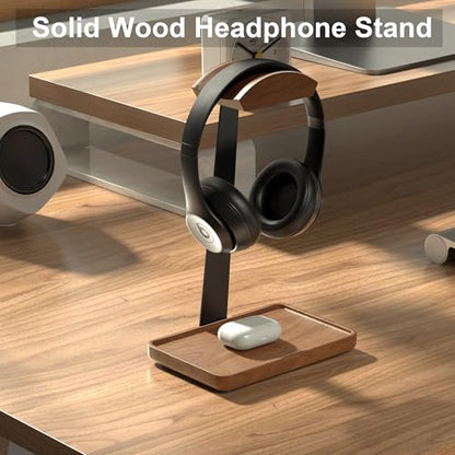 Wooden Headphone Stand, Solid Wood Desktop Organizer | Headset Holder for desk with Storage Base for AirPods Max, Sony, Bose, Razer, Sennheiser, Gaming Equipment and Accessories