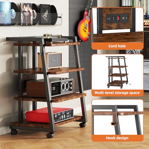 CABTE Mobile AV Media Stand with Outlets and 4 Rolling Caster Wheels | 4-Tier Rolling TV Stand for Gaming Console, Stereo, DVD Player, Sturdy Metal Frame, Versatile Living Room,Bedroom (Brown) - color: Retro Brown