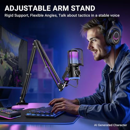 FIFINE AM6T Gaming USB Condenser Mic for PC | ChatMix Dial (Balance Game & Chat Audio), Noise Cancellation, RGB, Quick Mute, Gain Knob, Boom Arm for Streaming on Twitch
