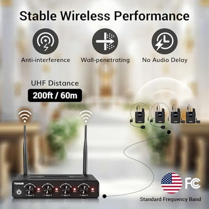 TONOR Wireless Microphones System with UHF Headset/Lavalier Lapel Mics, Bodypack Transmitter, Receiver, 4 * 10 Channels, 60 m/200ft Range for Church Conference Performance Singing Karaoke PA Speaker - style: 4 Bodypack Mics