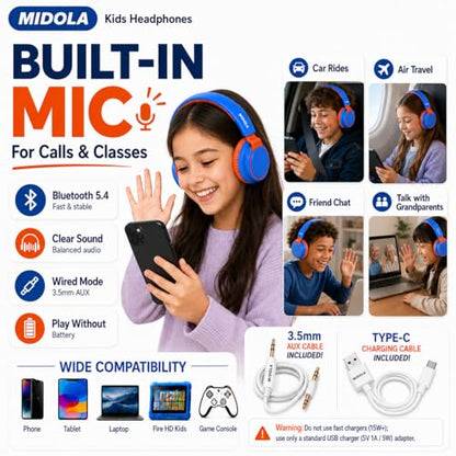 Kids Bluetooth Headphones Wireless 68 Hours,Safe Volume Limit 85/94dB Blue | Adjustable Headband Foldable Over-Ear Lightweight Headsets for Toddler Girls Boys Tablet/iPad,HD Stereo,Built-in Mic - color: Blue
