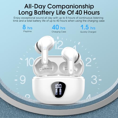 Wireless Earbuds, Bluetooth 5.4 Headphones HiFi Stereo, Bluetooth Earbuds | With ENC Noise Cancelling Mic, IP7 Waterproof in Ear Earphones, 48H, LED Display Ear buds for Pad Phones Workout Sports,White - color: White