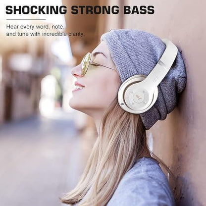 6S Bluetooth Headphones Over-Ear, Hi-Fi Stereo Foldable Wireless Stereo Headsets Earbuds with Built-in Mic, Volume Control, FM for iPhone/Samsung/iPad/PC (Blue) - color: White & Gold
