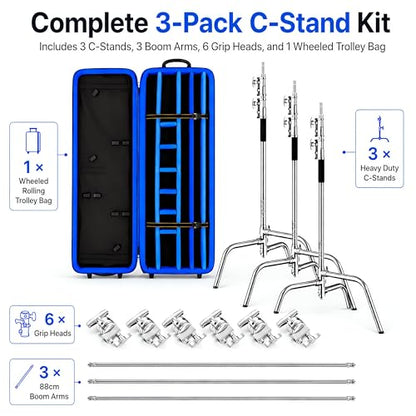 3-Pack Heavy Duty C-Stands Kit, 6.9ft Stainless Steel Stands with 34.6in Boom Arms, 6 Grip Heads and TB-130 Wheeled Rolling Case for Studio Lighting - size: 210CM C Stand 3 Pack with TB-130