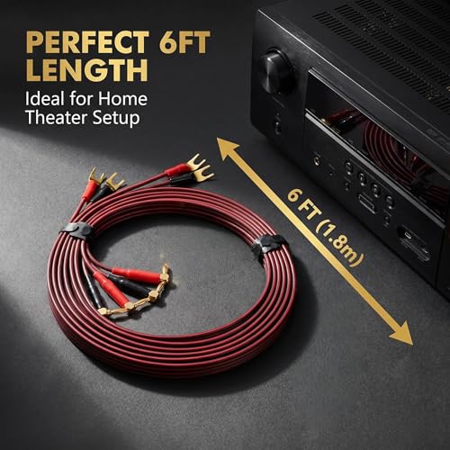 13 AWG OFC Braided Speaker Cable 6ft 2-Pack, 90 Degree Angled Gold Plated Banana Plug to Spade, for Audiophile Bookshelf Floor-Standing Speaker, Amplifier AV Receiver Home Theater Stereo System