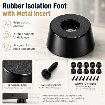 Speaker Isolation Pads 8-Pack | Anti-Vibration Rubber Feet with Screws | Reduce Resonance & Protect Furniture | for Studio Monitors, Turntables, Guitar Amps, Speakers, Amplifiers