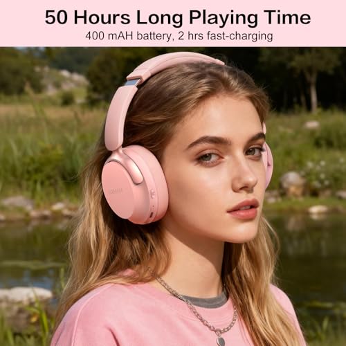 B8 Bluetooth Headphones Over Ear, 6 EQ Music Modes and 50H Playtime Deep Bass Wireless Headphones with Mic, Lightweight Folding HiFi Stereo Headset for iPad/Travel/Tablet/PC/Home Pink - color: Pink