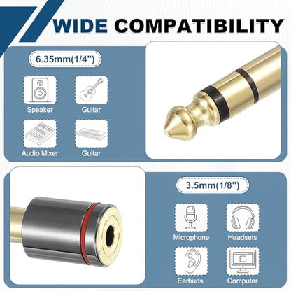 MECCANIXITY 2Pcs TRS 6.35mm Male to 3.5mm Female 1/4" Plug to 1/8" Gray | Stereo Headphone Adapter, Jack, Audio Converter, Pure Copper, Gold Plated, for Guitars Speakers Computers