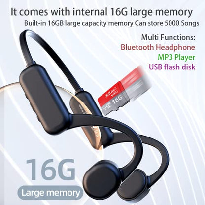 IHAO Swimming Headphones True Bone Conduction Open Ear Headset MP3 Player Built-in 16G Memory IP68 Underwater Waterproof Stereo Bluetooth Earphone for Driving Bicycling Running Skiing-Black - color: Black IHX18