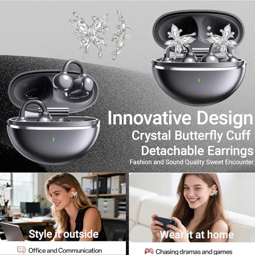 2026 New Jewelry-Inspired Clip-On Earbuds with Detachable Sparkle Butterfly Earrings, Bluetooth 6.0, Cute Wireless Headphones for Women, 50H Playtime, Low Latency, Sports & Workouts (Black) - color: Black