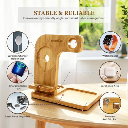4 in 1 Bamboo Nightstand Organizer, Wood Phone Docking Station, Phone Charger Stand for iPhone 12-18 Series & Android, Desktop Organizer for iWatch & Airpods, Gifts for Men, Dad, Anniversary