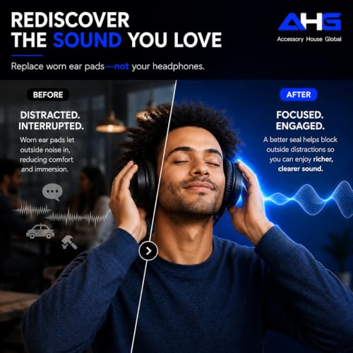 AHG QC45 Ear Pads Compatible with Bose QuietComfort 45 35 QC35 II QCSC QCSE | Easy DIY Fit | Premium Protein Leather | Extra Thick | Soft High-Density Foam - color: Black