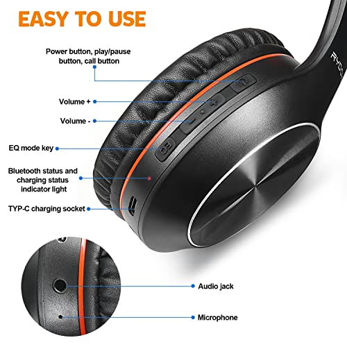 Rydohi Bluetooth Headphones Over Ear, 68H Playtime and 3 EQ Music Modes Wireless Headphones with Microphone/Deep Bass, HiFi Stereo Foldable Lightweight Headset for PC Home Travel Office - color: Black Orange