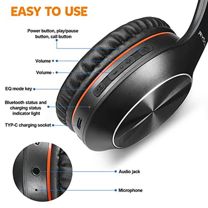 Rydohi Bluetooth Headphones Over Ear, 68H Playtime and 3 EQ Music Modes Wireless Headphones with Microphone/Deep Bass, HiFi Stereo Foldable Lightweight Headset for PC Home Travel Office - color: Black Orange