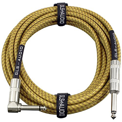 GLS AudioStraight to Right Angle 1/4 Inch TS, Oxygen-Free Copper, Braided Tweed Jacket, Male-to-Male Wired Amp Cord for Amplifier Instrument Cable 20 Ft Electric Guitar Cable Braided Brown/Yellow | Straight to Right Angle 1/4 Inch TS, Oxygen-Free Copper,