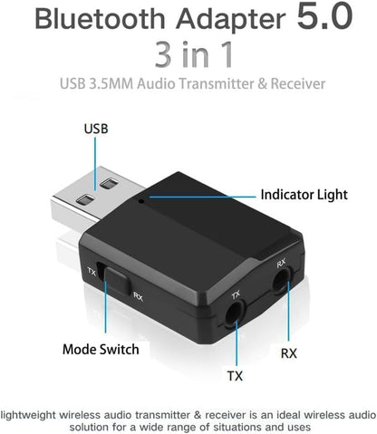 USB Bluetooth 5.0 Adapter, 3-in-1 Receiver and Transmitter, Portable Mini Audio Adapter Transmitter Receiver with 2X 3.5mm Digital Audio Cable for PC/Headphone/TV/Car