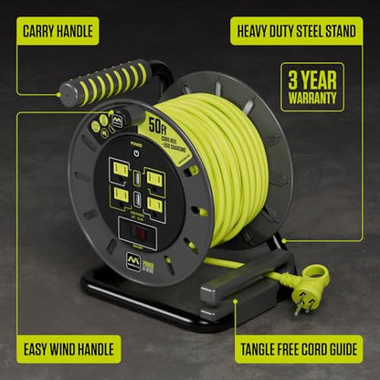 Masterplug 50ft Cord Reel, Retractable Extension Lead with Winding Handle, Safety Overload Circuit Breaker and Power Switch, 4X Grounded Outlets, 2X USB Ports, 13amps, 14AWG Cable - size: 50ft, style: 14 AWG