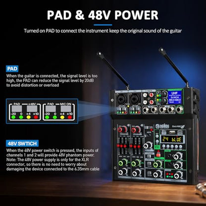 R4-PROS 4 Channel Karaoke Mixer with 2 Wireless Microphones, Bluetooth Audio Mixer Sound Board, Independent Dual Mic Volume Control, USB Mixer for Home KTV, Party, Live Streaming, Podcast