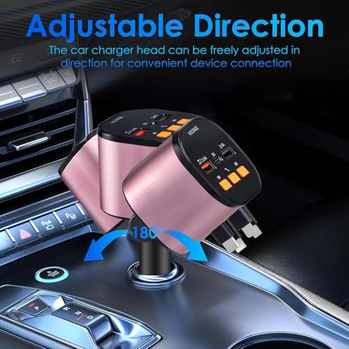 Retractable Car Charger,5 in 1 Fast Car Phone Charger 90W,Bluetooth 5.3 FM Transmitter Adapter,Handsfree Call,2 Retractable Cables and USB Cars Chargers for iPhone 17/16/15/14/13/Galaxy/Pixel - color: Pink