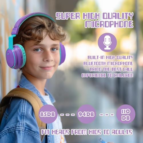 Mokata Kids Headphones Bluetooth 5.3 Wireless Lightweight Fast Charging 68 Hours Play Time Volume Limited 85/94dB Over Ear Foldable with Built-in Mic for Toddler Boy Girl Tablet Pad Purple - color: Purple