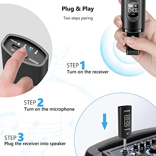 Bietrun Wireless Microphone Rechargeable, 168FT Range Bluetooth Microphone Wireless (Work 7 hrs) with 1/4'' Output, UHF Metal Handheld Dynamic Mic for Karaoke Machine/PA System/Speaker/Church/Wedding